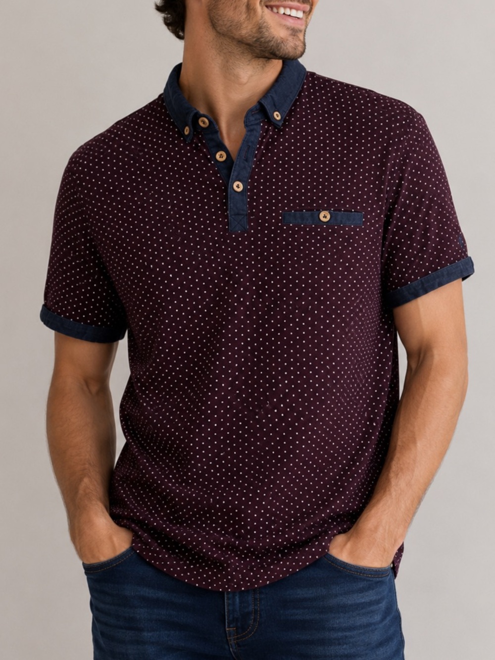 Denim & Flower Mens Burgundy Polka Dot Polo Shirt Contrast Collar M